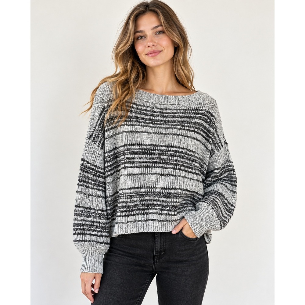 Billabong Womens M Gray Black Striped Knit Sweater Boxy Cropped Boat Neck